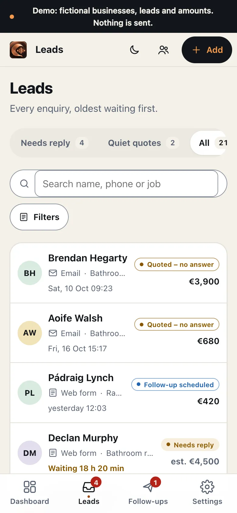 Enquiries list with tabs for needs reply and quiet quotes, each row showing source, job, value and status.