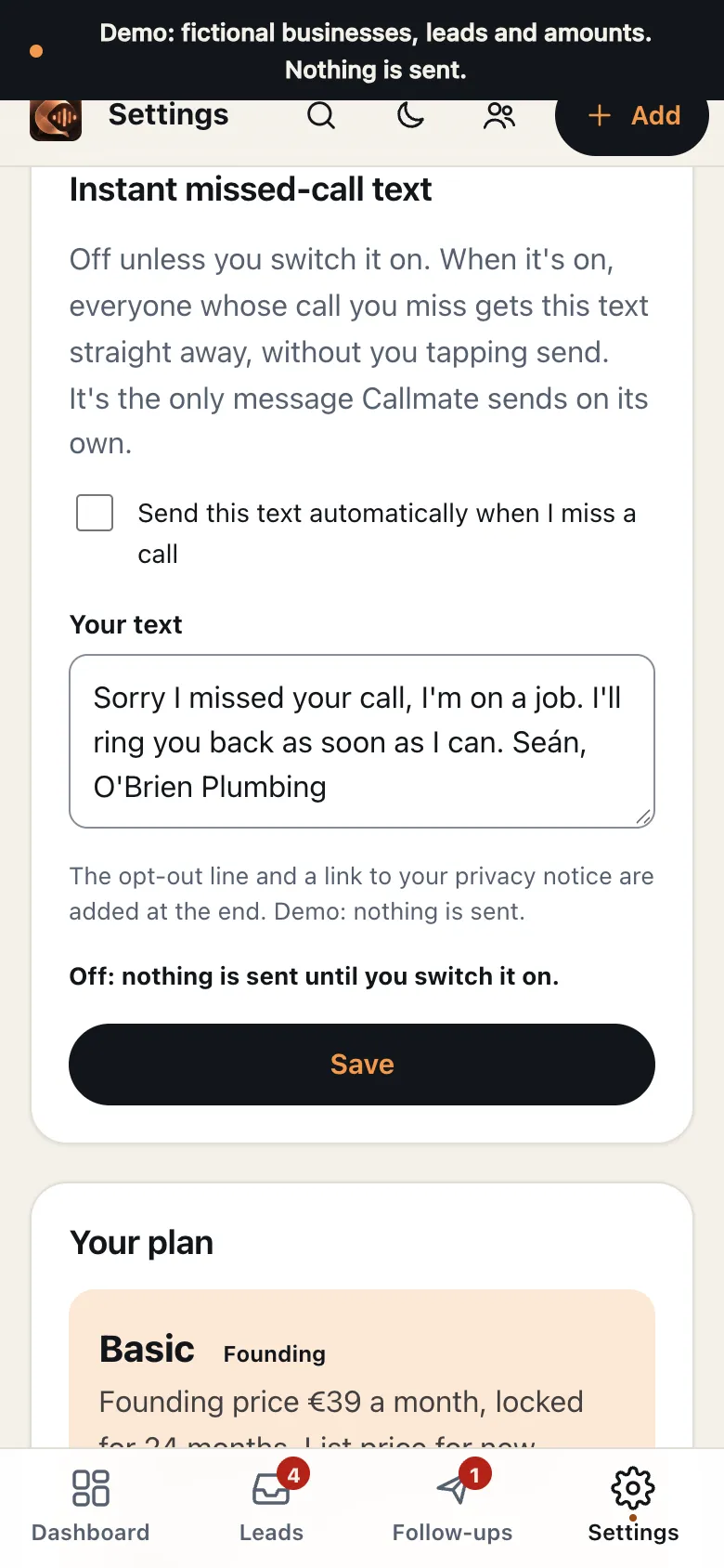 Settings card for the instant missed-call text: off unless you switch it on, with your own wording.